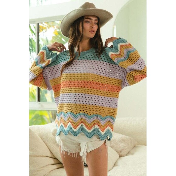 BiBi Sweaters - BiBi Wavy Hem Openwork Contrast Round Neck Sweater
